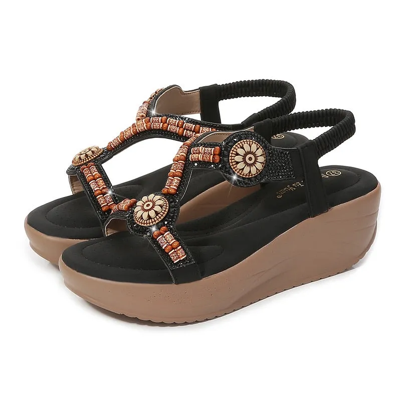 Women's Summer Ethnic Style Rhinestone Elastic Band High Heel Sandals