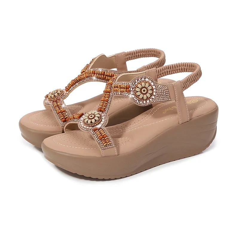 Women's Summer Ethnic Style Rhinestone Elastic Band High Heel Sandals