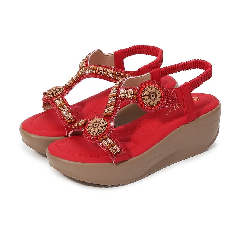 Women's Summer Ethnic Style Rhinestone Elastic Band High Heel Sandals