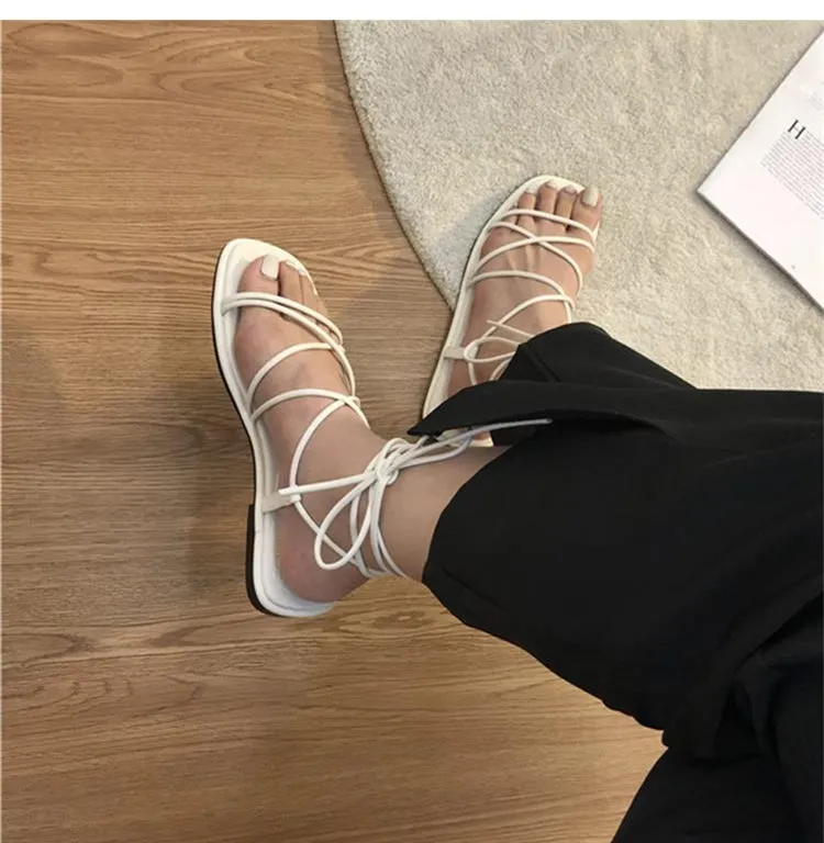 Summer Women's Flat Sandals Bandage Breathable Peep Toe