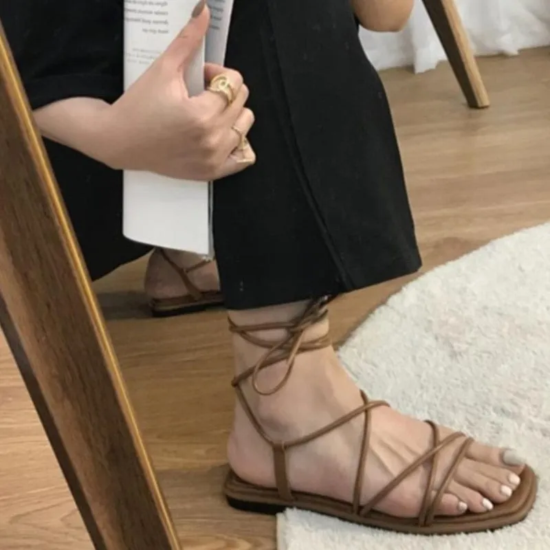 Summer Women's Flat Sandals Bandage Breathable Peep Toe