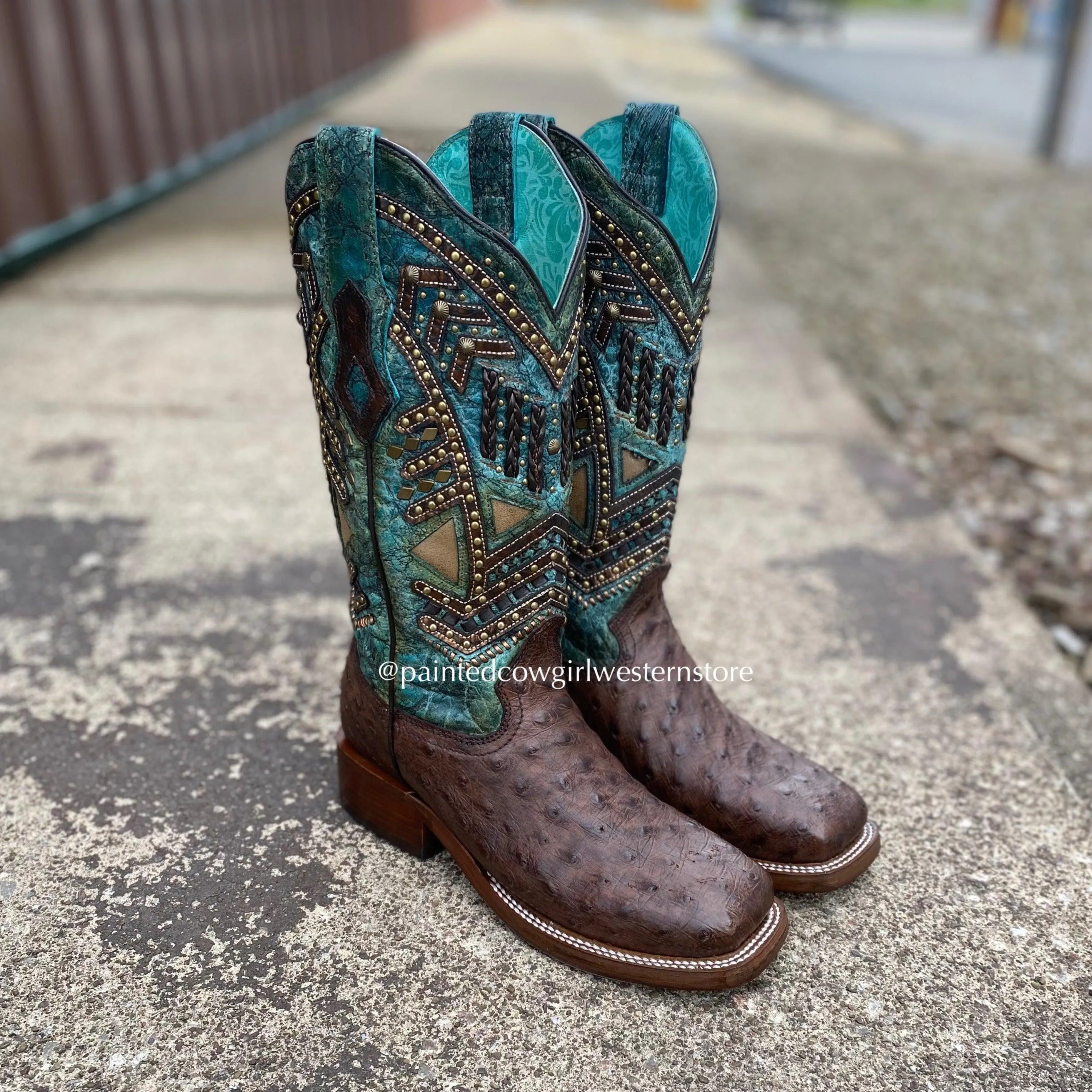 Women's Turquoise Ostrich Square Toe Cowgirl Boots