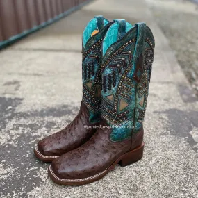 Women's Turquoise Ostrich Square Toe Cowgirl Boots