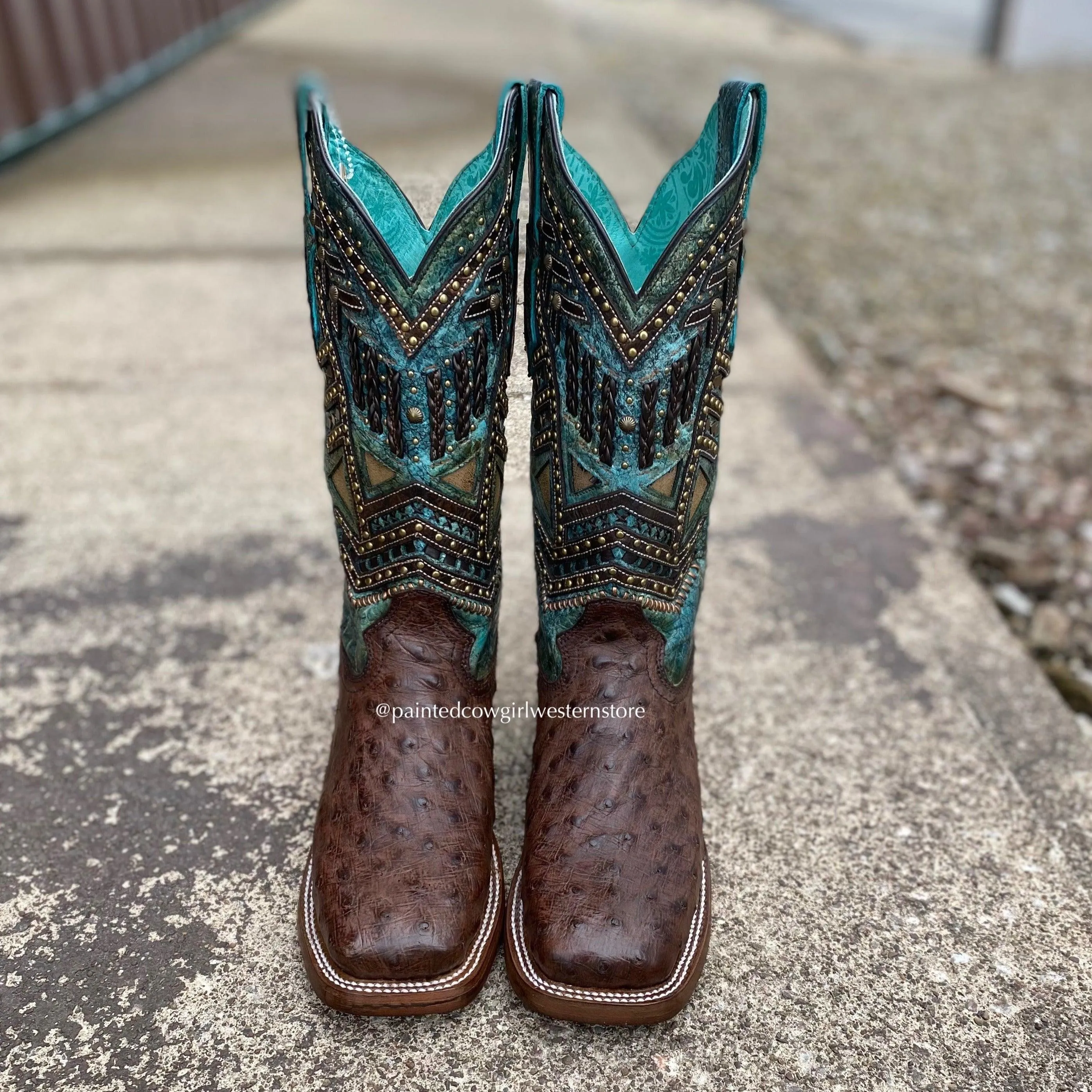 Women's Turquoise Ostrich Square Toe Cowgirl Boots