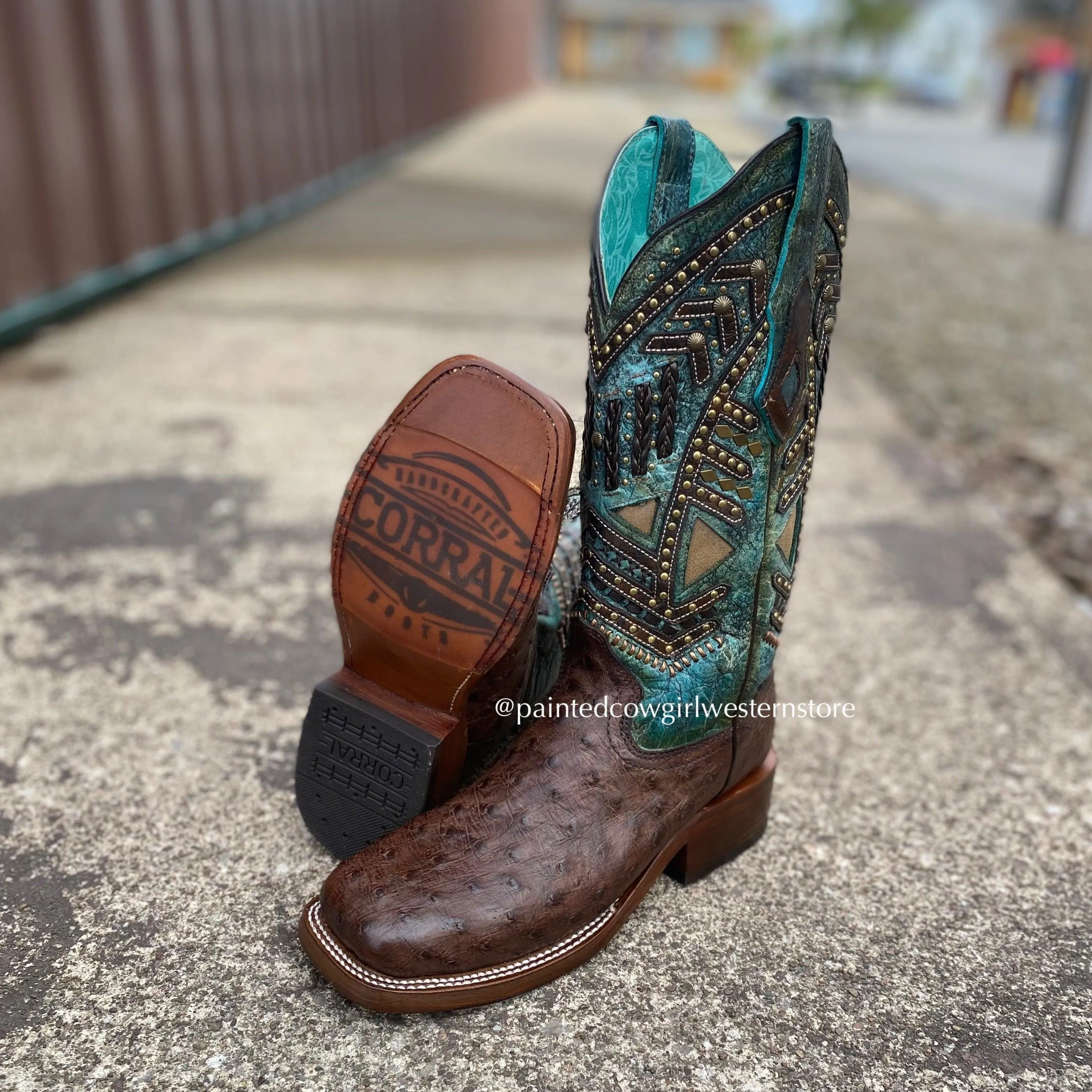 Women's Turquoise Ostrich Square Toe Cowgirl Boots